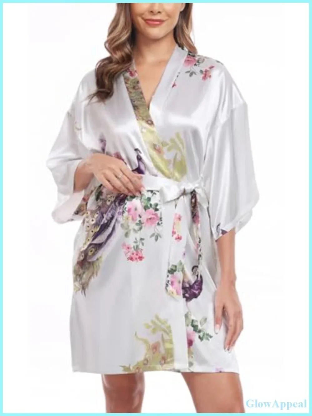 Silky Short Satin Robe with Peacock Floral Pattern, V-Neck, 3/4 Sleeves